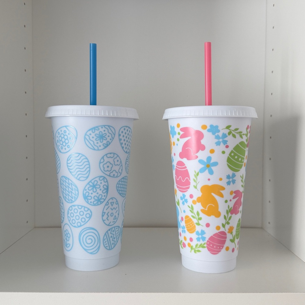 Set of Two Easter Themed Tumblers with Straws and Lid - Pink Blue White - Spring